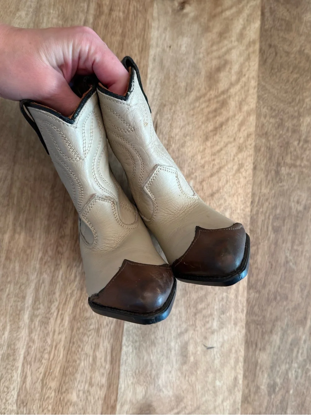 Vintage Texas Brand Kids Cowboy Boots Youth Size 7D Tan Brown Leather Made USA